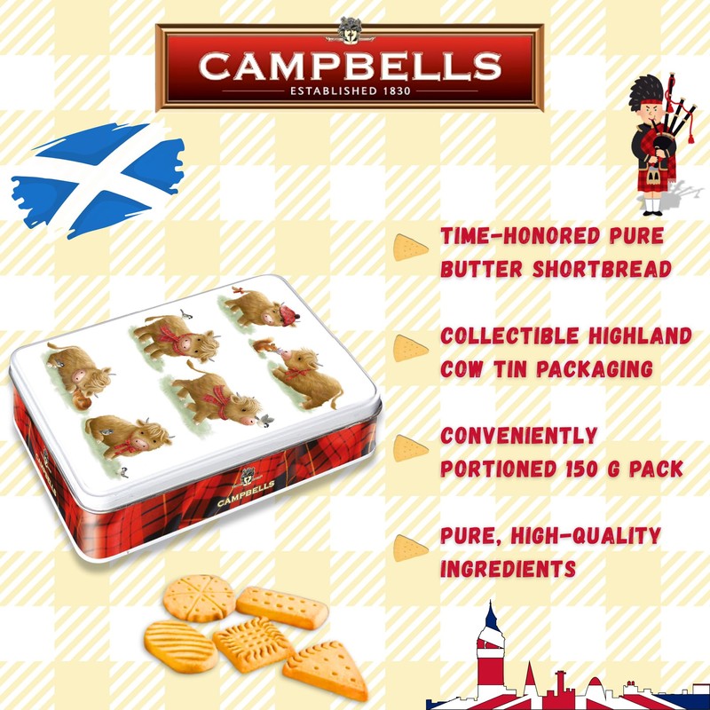 Campbells Shortbread Cute Highland Cow Assorted Cookies Tin 5.3 Oz
