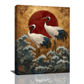 Japanese Crane Wall Art Gold Oriental Asian Wall Decor Sandhill Crane Canvas Pictures Paintings Prints Japan Traditional Aesthetic Artwork Framed Chinese Decorations For Bedroom Living Room Office Gifts 12" x 16"