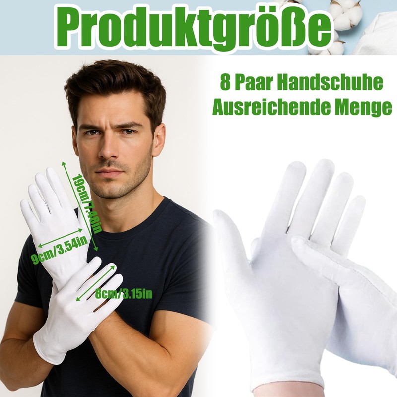 AXERHK Cotton Gloves, White, Cotton Gloves, 8 Pairs Soft White