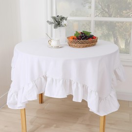 Castle Selection 70" Round Decorator Tablecloth Dining and Banquet Rustic Style Linen Ruffled Edge (White)