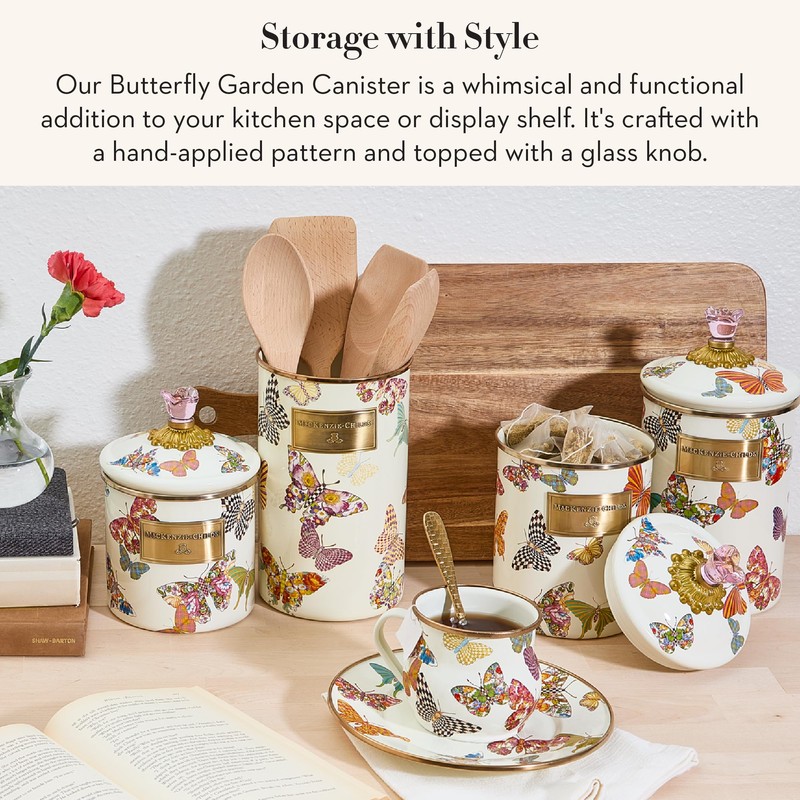 MACKENZIE-CHILDS Butterfly Garden Enamel Canister, Pretty Kitchen Storage Container with