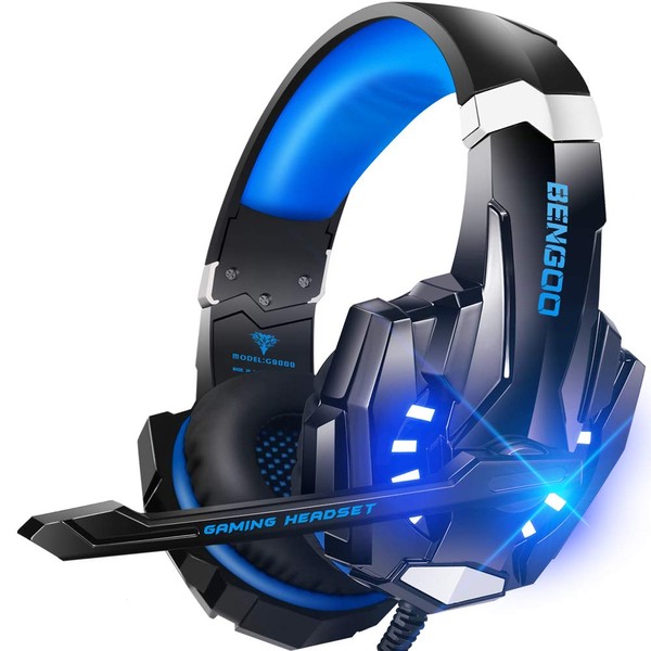 BENGOO G9000 Stereo Gaming Headset for PS4 PC Xbox One PS5 Controller, Noise Cancelling Over Ear Headphones with Mic, LED Light, Bass Surround, Soft Memory Earmuffs (Blue)