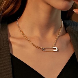 Dtexhif Safety Pin Necklace for Women Paperclip Chain Necklace Gold Charm Necklace Safety Pin Pendant Necklace Thick Paperclip Choker Necklace (Gold)