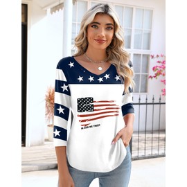 KTILG July 4th Shirts for Women V Neck 3/4 Length Sleeve Womens Tops 2025 Summer Trendy American Flag Print S