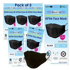 (Pack of 5) Good Day Black Disposable KF-94 Face Mask, 4-Layer Filters, Black KF-94 Mask Made in Korea, Dust Mask (individual Packed) KF-94 Mask.