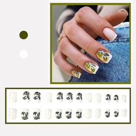 White French Tip Press on Nails Short Square Fake Nails Green Leaves Glue on Nails Summer False Nails Glossy White Short Coffin Nails Reusable Stick on Nails for Women Girls Manicure Art Kit 24Pcs