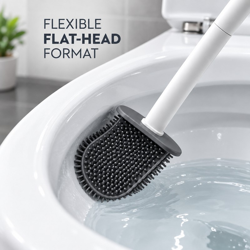 Flat Head Toilet Brush with Wall-Mounted Holder – Flexible Bathroom
