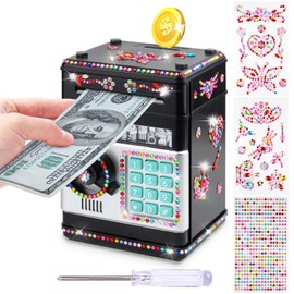 Piggy Bank for Kids Girls Boys with Password Code Lock Cash Coin Can Piggy Bank Girls Electronic Money Safe Bank for Kids Money Box with DIY Diamond Sticker Gift for 3-12 Year Old Boys (Silver)