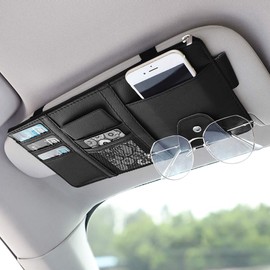 Leather Car Sun Visor Organizer with Net & Zipper, Ultra Light, Ultra Thin Design, Auto Interior Accessories Storage Pocket Pouch Car Truck Sun Visor Case Bag