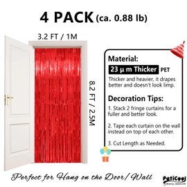 PatiCool Red Tinsel Foil Fringe Curtain Backdrop - Thicken 4 Pack 3.2 x 8.2 FT - Glitter Red Streamers Party Backdrop Decorations for Birthday, Graduation, Valentine's Day, Christmas, Carnival Party