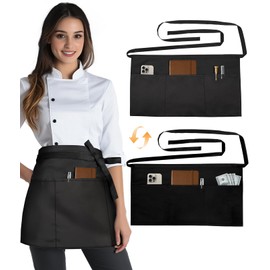 Slohif Reversible Server Apron with 6 Pockets - Waist Apron for Waitress Women Half Apron for Waiter Men Cute Water Resistant Serving Short Apron Barista Bartender Kitchen Accessories Black