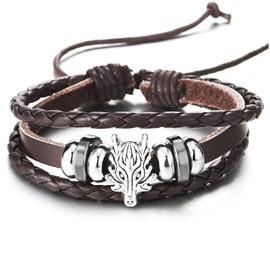COOLSTEELANDBEYOND Mens Dragon Head Brown Braided Leather Bracelet, Three-Strand Leather Wristband Wrap Bracelet