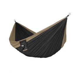 Fox Outfitters Neolite Double Camping Hammock - Lightweight Portable Nylon Parachute Hammock for Backpacking, Travel, Beach, Yard. Hammock Straps & Steel Carabiners Included (Khaki/Black)