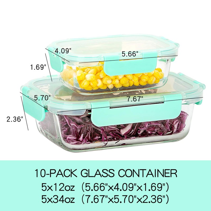 C CREST [10-Pack] Glass Food Storage Containers with Lids, Airtight,