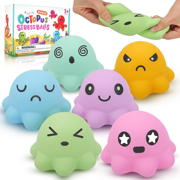 Squishy Stress Ball for kids, 6 Pack Cute Octopus Stress Balls Bulk - Soft Dough Stress Relief Toy Pack for Adults Hand Therapy Sensory Toys, Prize Box Toys for Classroom
