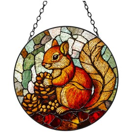 Stained Glass Suncatcher Squirrel and Pinecones Handmade Window Hangings Colored Glass Suncatcher Crafts Kits for Indoor Garden Christmas Decoration 16x16cm-1