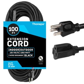 Thonapa 100 ft Outdoor Extension Cord, 16/3 SJTW Black Extension Cord 100 Foot 3 Prong, Weatherproof Exterior Power Cable for Outdoor Outdoor Lights & Lawn, UL Certified - US Veteran Owned