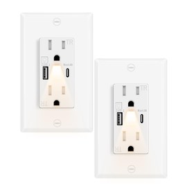 Night Light USB C Outlet,KCMYTONER 2PK 15A Fast Charging Wall Outlet 24W with Nightlight Built in,4.8A USB A/C Ports Electrical Outlet Tamper-Resistant,Wall Plate Included for Home,Dorm Room