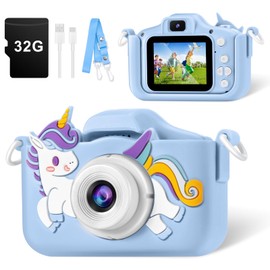 Kids Camera, Toys for Toddlers Age 3-8 Year Old Girl Christmas Birthday Gifts, Children Digital Camera with Cartoon Soft Silicone Cover and 32GB Card (Azure)