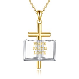 AINFQY Cross Necklace for Women 14k gold plated Cross Necklaces for Women Book Cross Pendant Necklace Simple Gold Cross Faith Jewelry Gifts for Women(Hope Faith Love)
