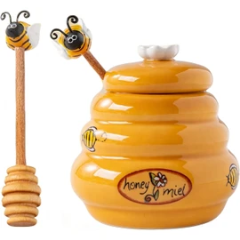 Mini Honey Jars - Ceramic No Drip Honey Container with Dipper, Wide Mouth Pot with Lid Dispenser for Syrup, Jam, Sauce Kitchen Counter, Pantry, Apartment, Office, Farmhouse Use
