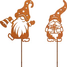 JYUECIAN Set of 2 Gnome Rust Garden Stakes Christmas Decoration, Patina Gnome Garden Decoration Christmas Advent Rust Decoration for Garden