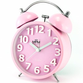 MPM Quality Design Metal Alarm Clock in Trendy Pastel Colours, Pink, 3D Dial, Quartz Movement Sweep, Light Function, Analogue, Classic Ringing, Wakes Up Even the Biggest Sleepers