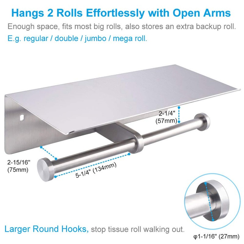 Double Toilet Paper Holder with Shelf Brushed Nickel, APLusee SUS
