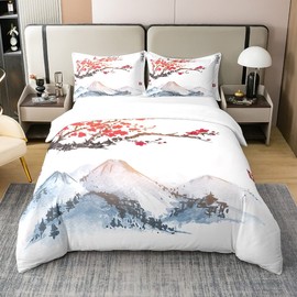 Cherry Blossom Duvet Cover 100% Washed Cotton for Girls Japanese Bedding Set Decorated with Red Flowers Japanese Ukiyoe Style Bedding Fuji 140 x 200 cm