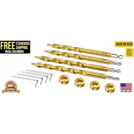 HOWOD 4 Piece HOWOD Pocket Hole Drill bit Professional Set 3/8” stepped drill Jig