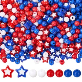 SUNNYCLUE 1100Pcs 5 Styles Independence Day Red White and Blue Beads Patriotic American Flag Wholesale Plastic Round Star Acrylic Beads for Jewellery Making Beading Bracelets Necklaces Supplies Women