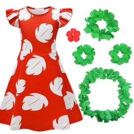 UxClishe Red Leaf Hawaiian Dress Costume Set for Girls, Hawaiian Fancy Dress Outfit with Skirt Flower Headband for Party Supplies (140cm)