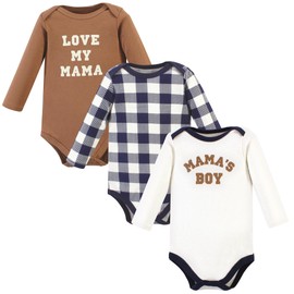 Hudson Baby Unisex Baby Cotton Long-Sleeve Bodysuits, Brown Navy Mamas Boy 3-Pack, 3-6 Months
