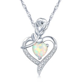 CiNily Heart Opal Pendant Necklace for Women Silver Plated Rose Necklaces with Birthstone Zirconia Anniversary Birthday Necklaces for Wife Mom Jewelry