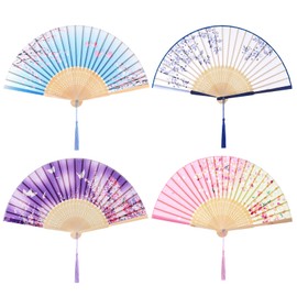 Yolyoo 4 PCS Chinese Handheld Fans,Silk Folding Fans with Bamboo,hand fans for women foldable for Wedding Dancing Party Cosplay Decor Gifts