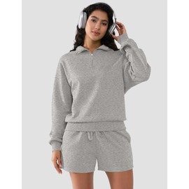 SHESHOW Lounge Sets for Women Trend Long Sleeve Sweat Shorts Sets Sweatsuits 2 Piece Set With Pockets Grey M