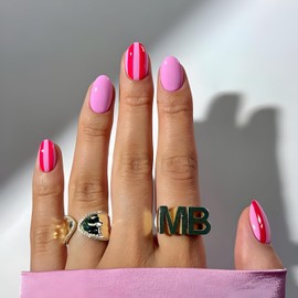 24Pcs Fake Nails Pink Press on Nails Short Almond False Nails Glossy Full Cover Nails Press Ons Glow in the Dark Glue on Nail Reusable DIY Stick on Nail for Women and Girls