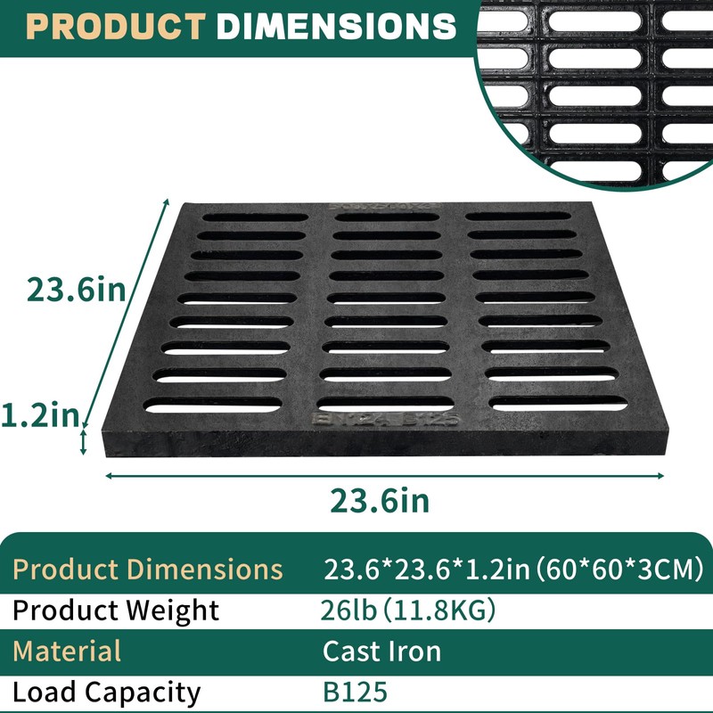 23.6x23.6 Drain Grate, B125 Class Sewer Grate, Weather-Resistant Outdoor Drain