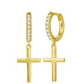 FANCIME 925 Sterling Silver with Yellow/White Gold Plated Hoop Earrings, Small Hanging Earrings with High-Gloss Polished, Sparkling Cross Pendant, Gift for Women Girls Children, Size: 30 x 10 mm, Silver, Yellow gold-plated