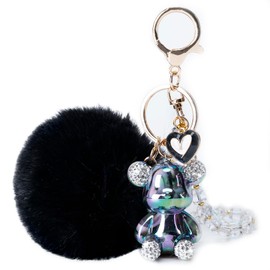 HONYJOOM Bling Bear Keychain for Women, Cute Keychains for Women, Black Pom Pom Keychain, Car Keychains for Women Girls (Black)