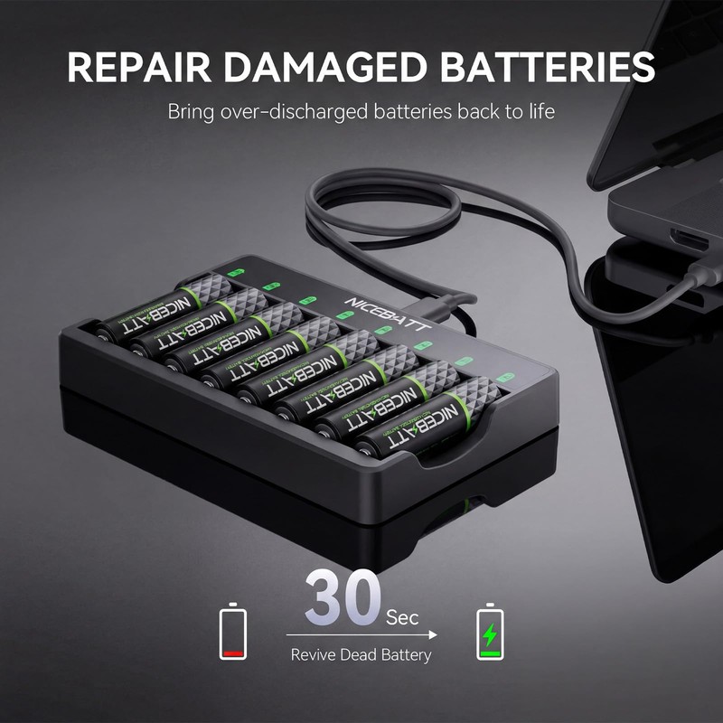 NICEBATT Rechargeable AA Batteries with Charger, 2800mAh High Capacity Low