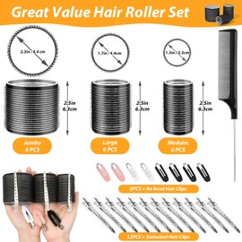 Qinzave 39PCS Self Grip Hair Rollers Curlers 3 Sizes Black Hair Roller 2.5in, 1.9in, 1.4in, Jumbo Hair Roller with 12PCS Duckbill Clips Hair Rollers for Long Medium Short Thick Fine Volume Bangs Hair (Black)