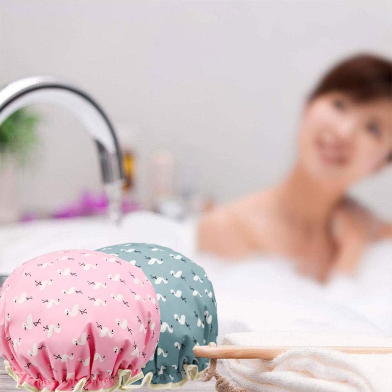 Shower Cap Elastic Band Double Layer Waterproof Bath Caps Reusable