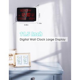 Digital Wall Clock, 11.5" Extra Large Display Calendar Alarm Day Clock with Date and of Week, Temperature,2 USB Chargers,3 Alarms, 5 Dimmer& 12/24Hr LED Desk for Office, Living Room, Bedroom, Elderly