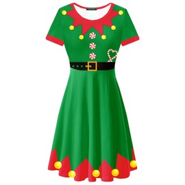 Women Elf Green Red Short Sleeve Dress - Xmas Holiday Flare Dress XL