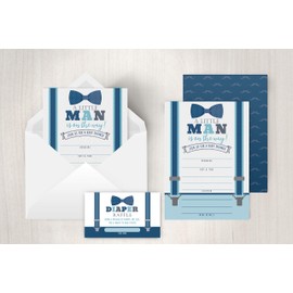 Your Main Event Prints Little Man Baby Shower Invitations, Boy Baby Shower Invites with Diaper Raffles Cards, Bow Tie and Mustaches, Sprinkle, 20 Invites Including Envelopes