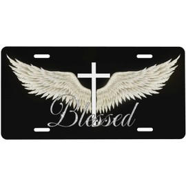UEQIKI Front License Plate Wing Cross Blessed Vanity Plates Aluminum Metal Decorative Car Tag Novelty License Plate Cover for Men Women ‎6 * 12 in (4 Holes)