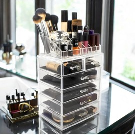 KEATON PRODUCTS Acrylic Makeup and Jewelry Organizer. Multilevel with Drawers and Removable Topper.