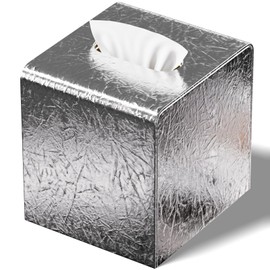 Silver Tissue Box Cover,Square Leather Tissue Box Cover with Magnetic Closure,Tissue Vessel for Bathroom Toilet Bedroom Living Room Table Desk Office,Modern Home Decor