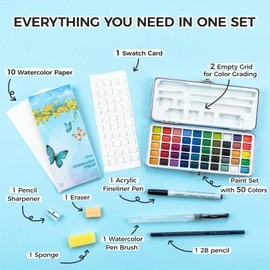 Ohuhu Watercolor Travel Paint Set, Portable Watercolor Kit for Outdoors 50-color with Watercolor Papers, Brush Pen, Acrylic Pen, Pencil and Accessories for Painting, Non-toxic Watercolors Paint for Artists Adults Beginners Kids Gift Idea